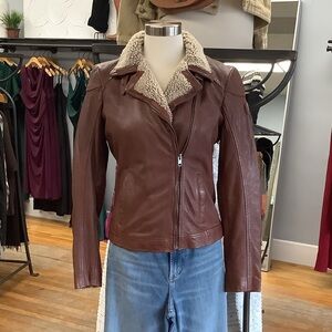 Women's Brown Leather Jacket with Shearling Collar